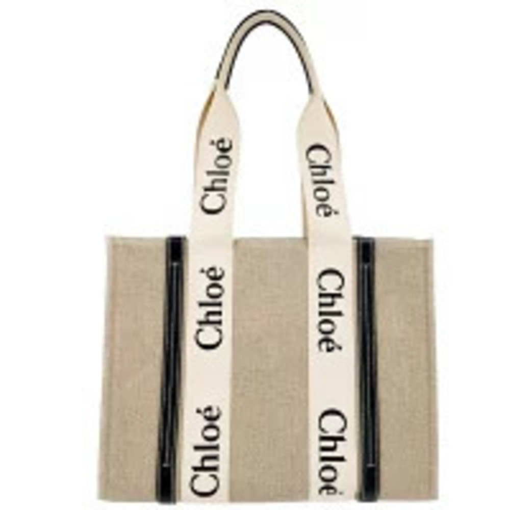 Chloe Woody Tote Bag Canvas Calfskin Shoulder Bag Beige Black